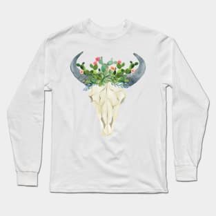 Bull skull with cacti crown - hand painted watercolor Long Sleeve T-Shirt